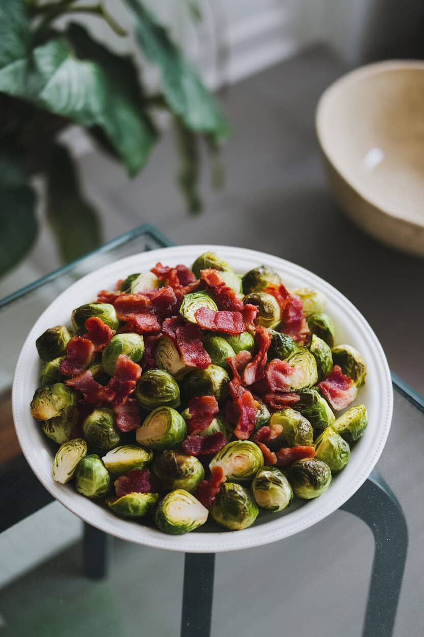 A white platter holding roasted Brussels sprouts and crispy bacon pieces on an indoor table, slight overhead view. No text or logos. Photo, not illustration.