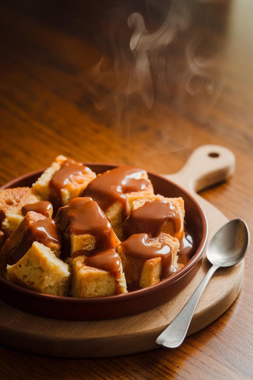 An indoor serving dish drizzled with bourbon caramel sauce over cubes of bread pudding, steam rising. No text or logos.