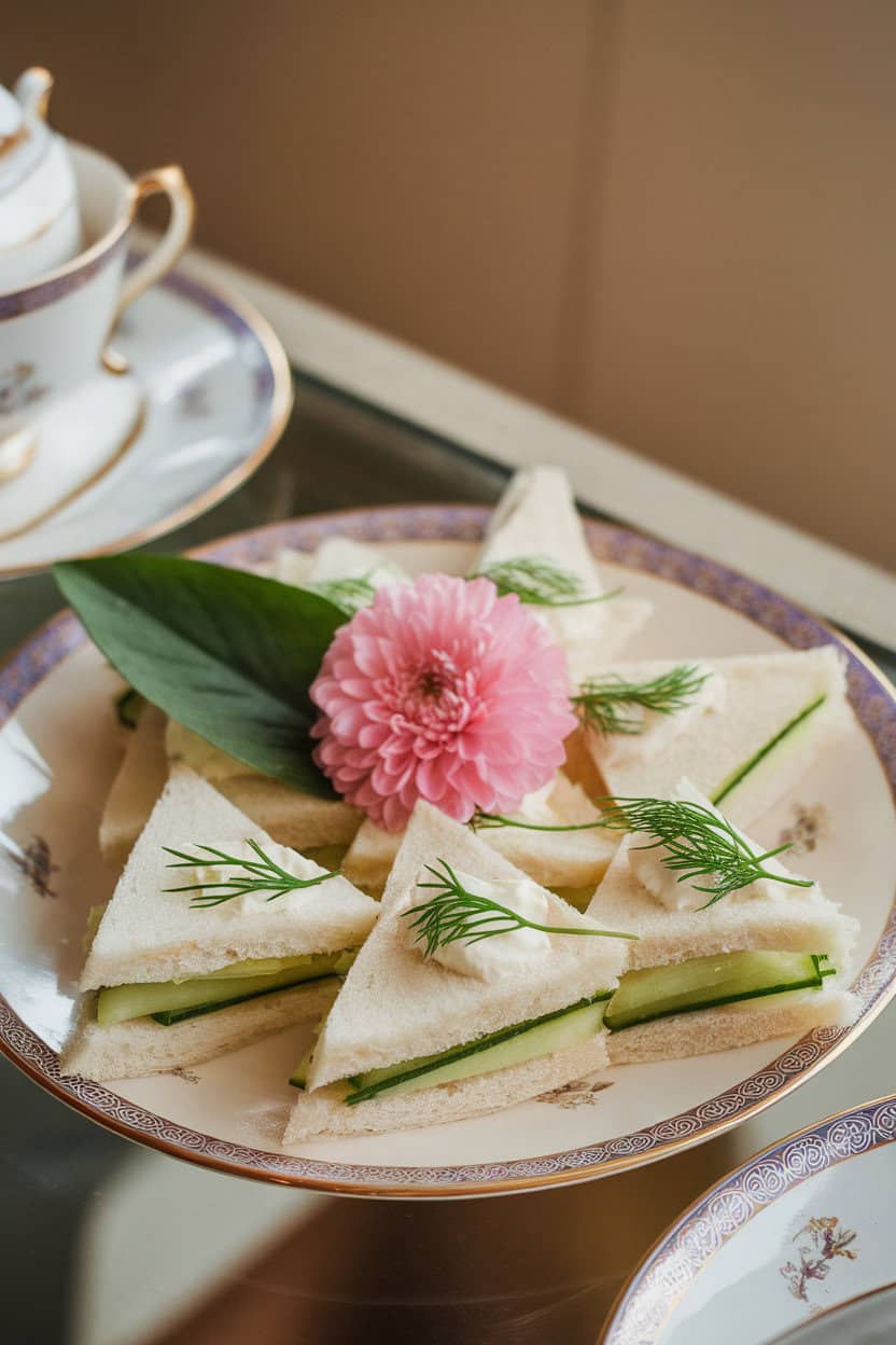 An indoor afternoon-tea setting showing small crustless white bread triangles layered with cucumber and dill spread. No text or logos.