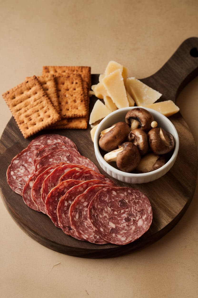 Indoor photo with thin slices of truffle-infused salami, sautéed cremini mushrooms in a small bowl, Parmigiano shards, and rustic crackers. No text or logos.