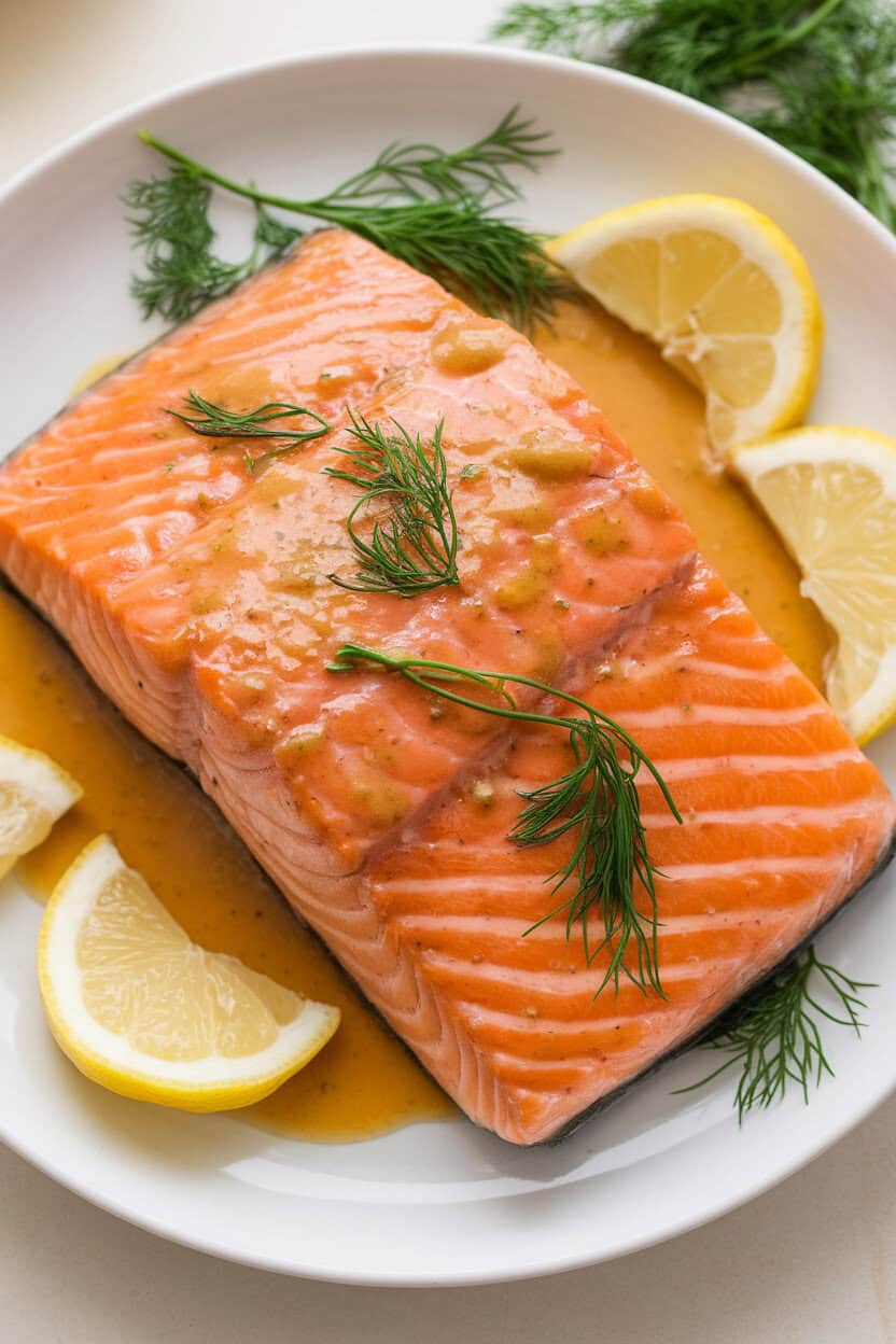 Indoor photo of cooked salmon fillet glazed with shiny honey mustard, garnished with dill and lemon slices. No text or logos.