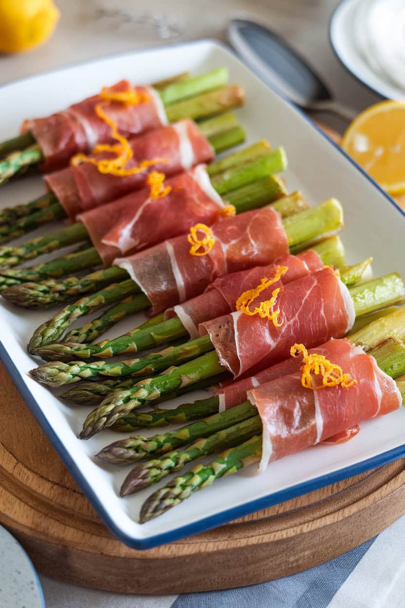 A white indoor platter showcasing roasted asparagus spears wrapped in crisp prosciutto, lemon zest sprinkled on top; photo, no text or logos.