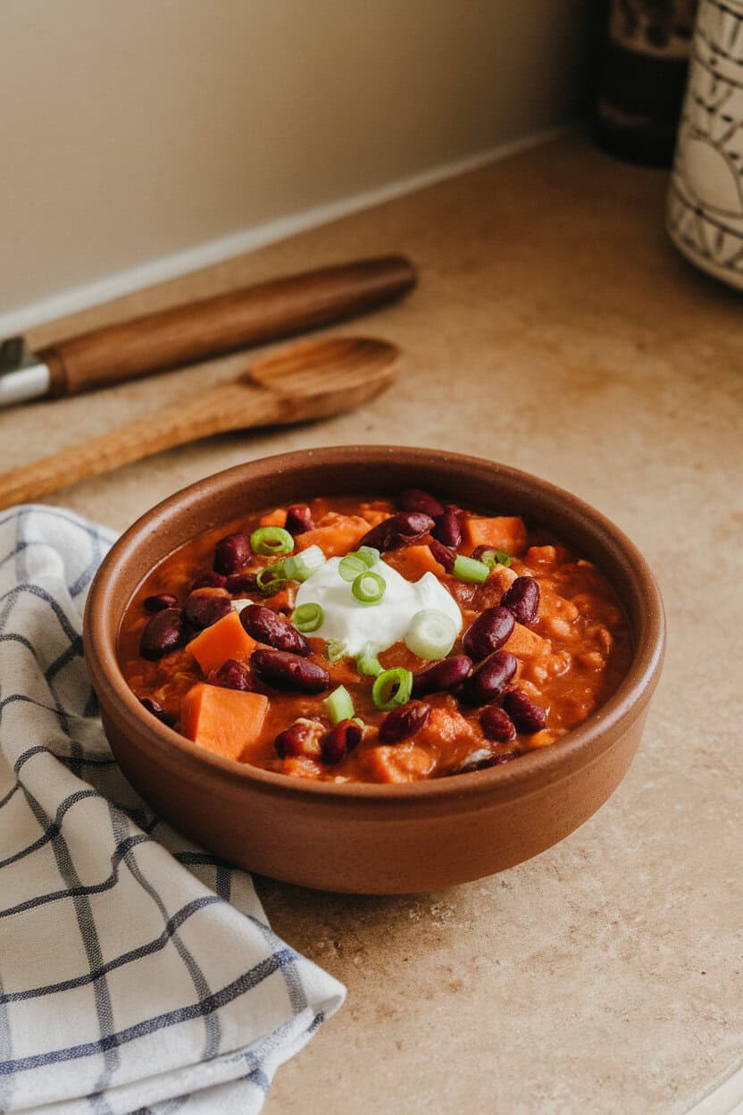 Photo of a ceramic bowl of thick chili packed with sweet potato chunks, kidney beans, and diced tomatoes on an indoor countertop, garnished with sour cream and scallions. No text or logos.