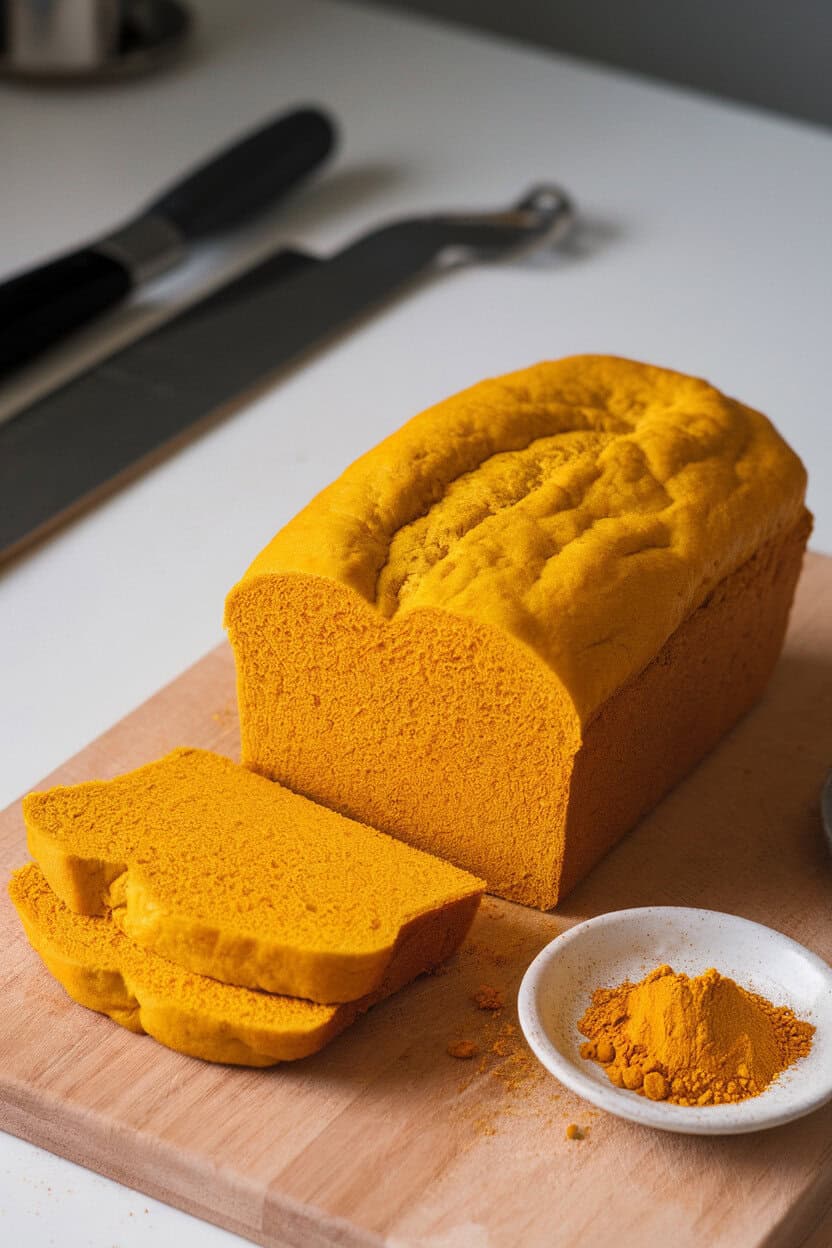 Photo of a bright yellow loaf on an indoor cutting board, slice showing warm hue, small dish of ground turmeric beside. No text or logos.