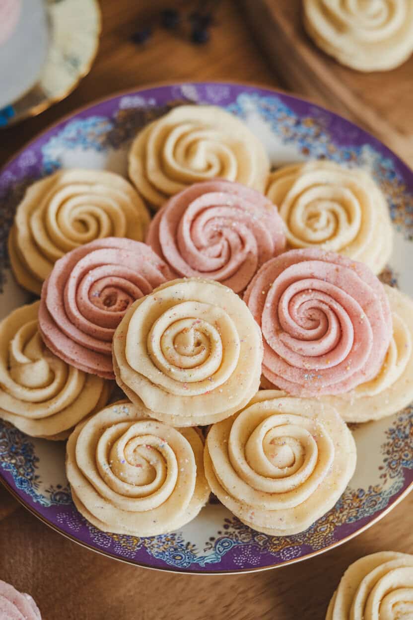 Indoor photo of buttery spritz rosette cookies piped into flower shapes, lightly dusted with colored sugar, arranged on a festive porcelain plate; no logos.