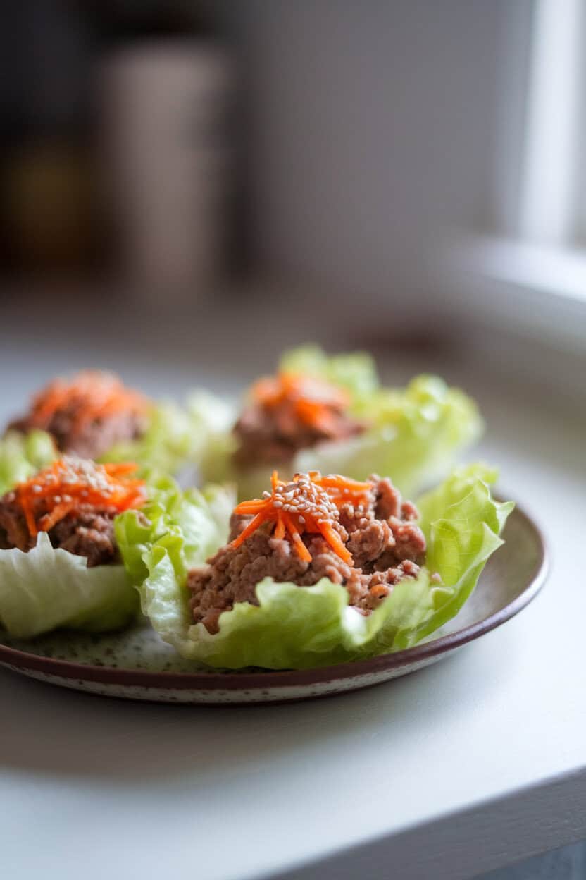 Indoor plate with crisp lettuce cups filled with seasoned ground turkey, shredded carrots, and sesame seeds, soft window light, no text or logos.