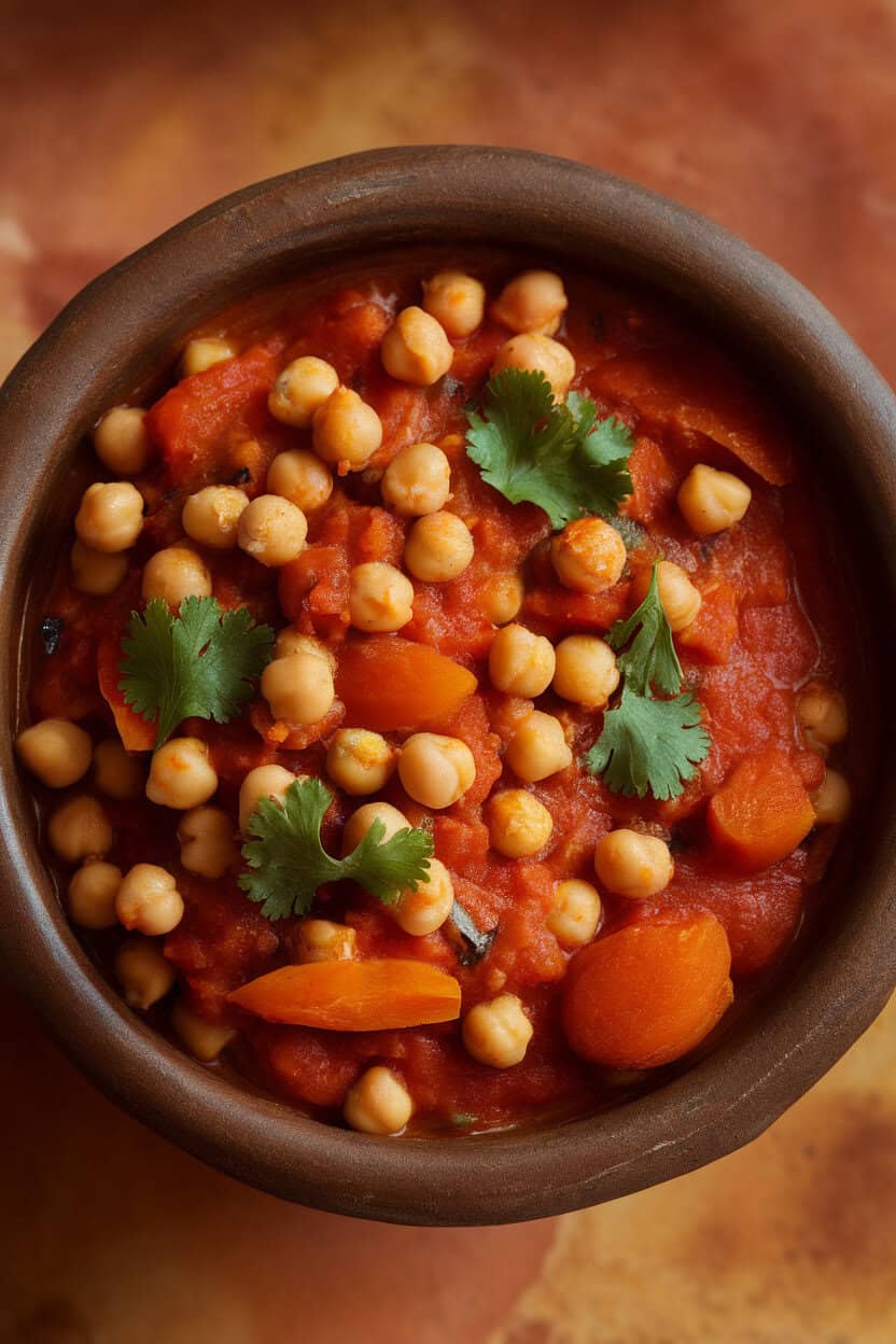 Indoor shot of a deep bowl filled with Moroccan chickpea stew—tomato base dotted with chickpeas, carrots, and apricots, sprinkled with cilantro. Warm terracotta tones dominate; no text or logos.