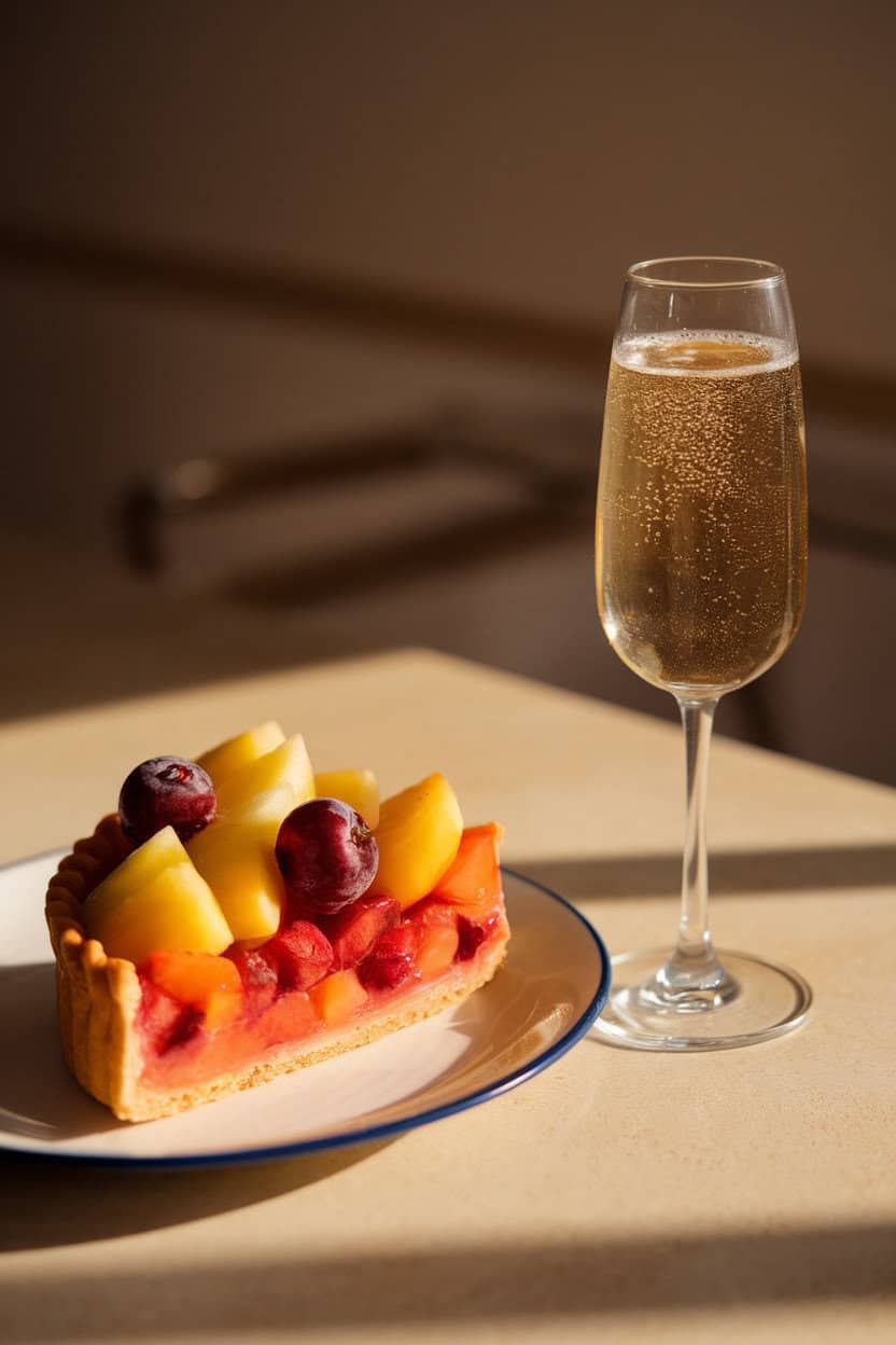 Indoor dessert plate with fruit tart slice adjacent to a demi-sec champagne flute, warm ambient light, no text or logos.