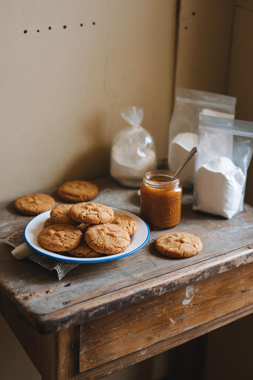 Photo prompt: Indoor rustic table with apple butter spice cookies and a small jar of apple butter, spoon resting nearby. No text or logos.