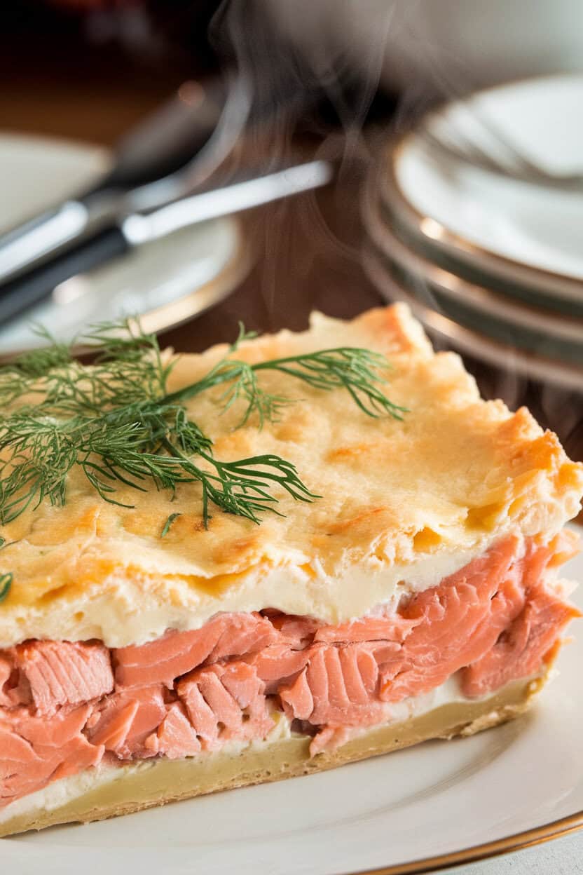 An indoor brunch setting featuring a casserole with layers of cooked flaked salmon, fresh dill sprigs, and a golden cream cheese crust, steam visible. No branding or text. Photograph.