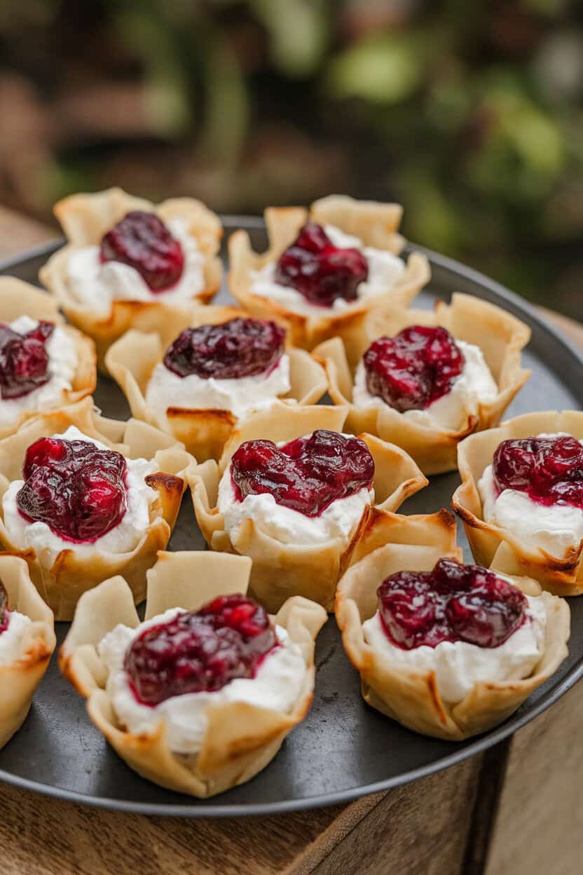 Indoor tray of mini phyllo cups filled with creamy goat cheese and cooked cranberry compote, lightly browned edges. No text or logos visible. Photo only.