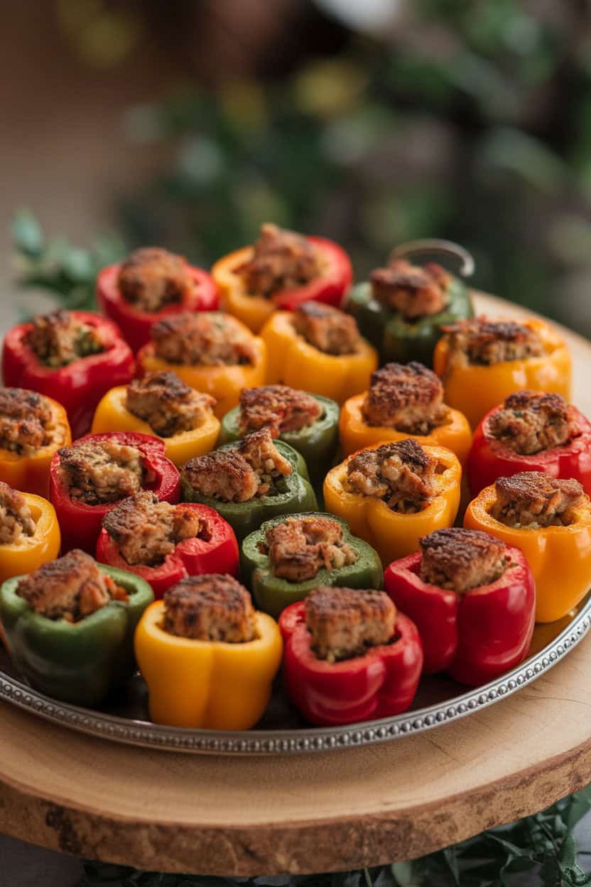 An indoor platter of colorful mini bell peppers halved and filled with a rustic chestnut-sausage stuffing, tops browned. No text or logos. Photo only.