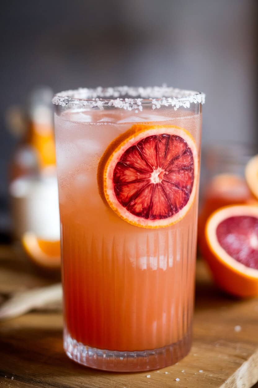 Tall salt-rimmed glass filled with a vibrant blood orange Paloma, grapefruit soda fizzing up, and a half-moon blood orange slice submerged. Indoor photo, no logos.