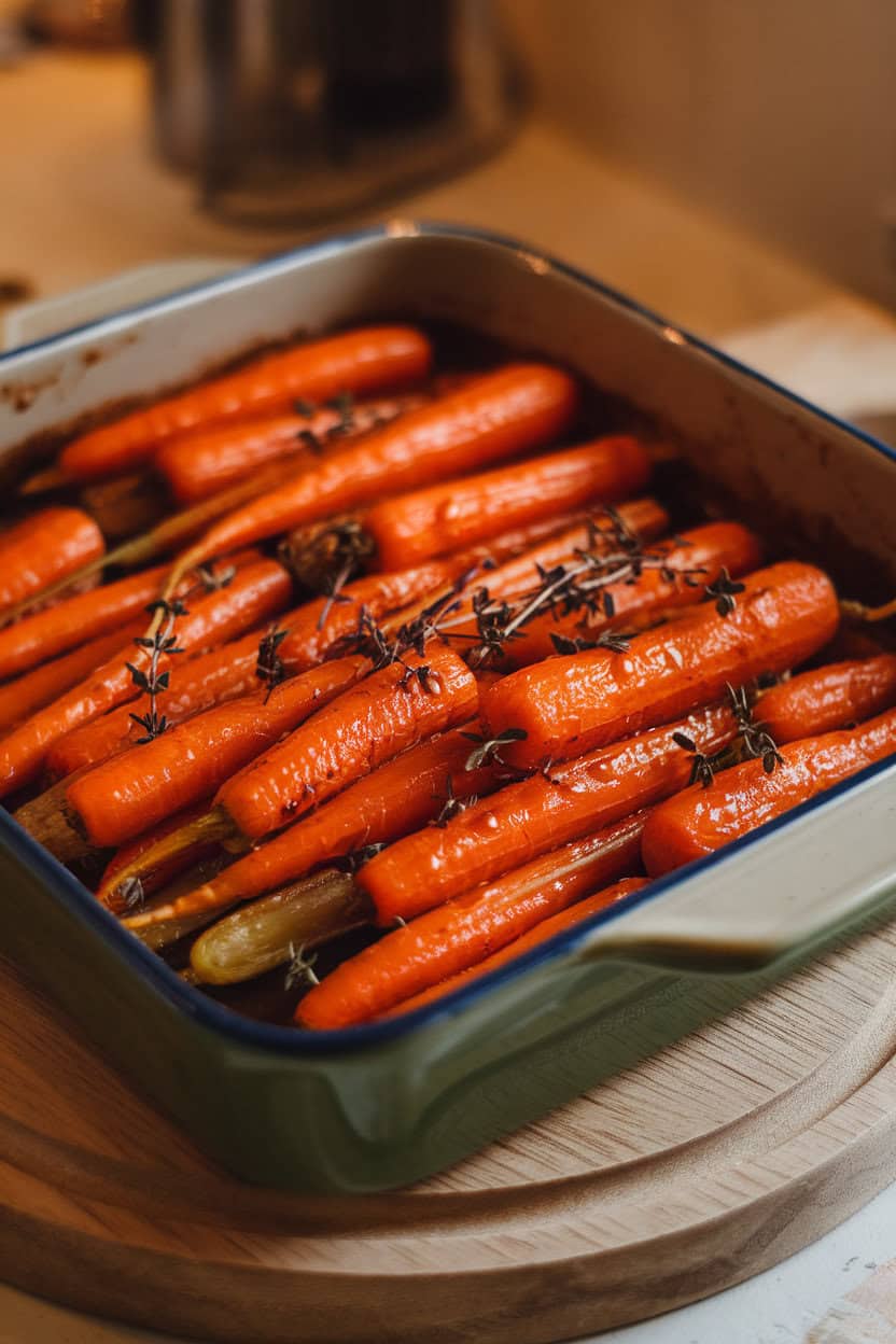 An indoor casserole dish of roasted baby carrots coated in shiny maple glaze and thyme sprigs; photo, no text or logos.