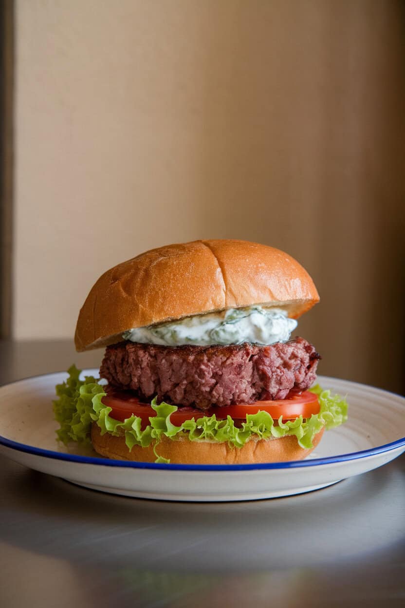 Photo of a cooked lamb burger in a toasted bun with lettuce, tomato, and a dollop of tzatziki, indoor setting, no text or logos.