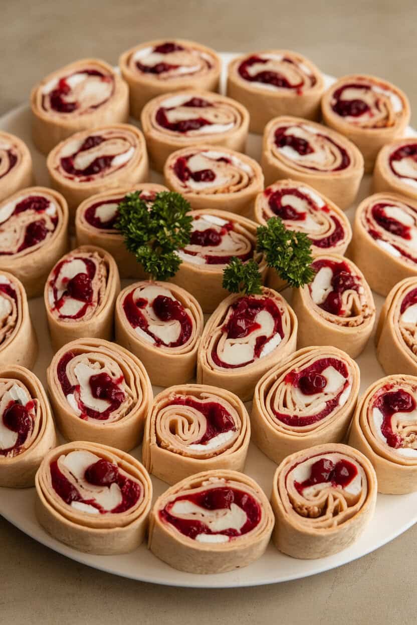 Indoor shot of tortilla pinwheels filled with turkey, cream cheese, and cranberry sauce arranged in concentric circles on a platter, garnished with parsley. No text or logos.