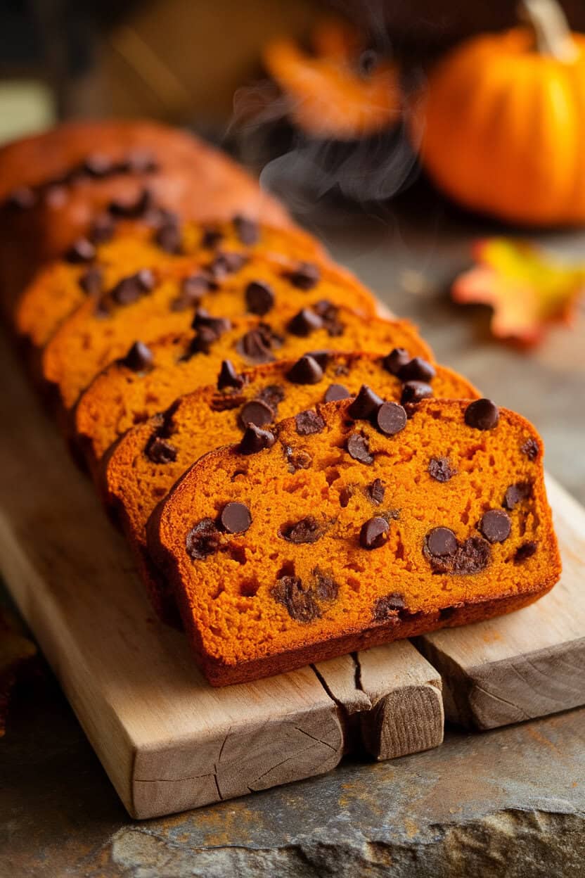 Photo, not illustration. Indoor wooden board with slices of moist pumpkin bread studded with chocolate chips, steam faintly rising. No branding.