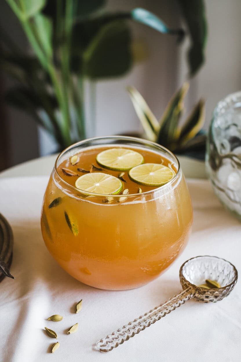 Indoor punch bowl filled with golden cocktail, floating lime wheels and fragrant cardamom pods, glass ladle beside it. No logos.