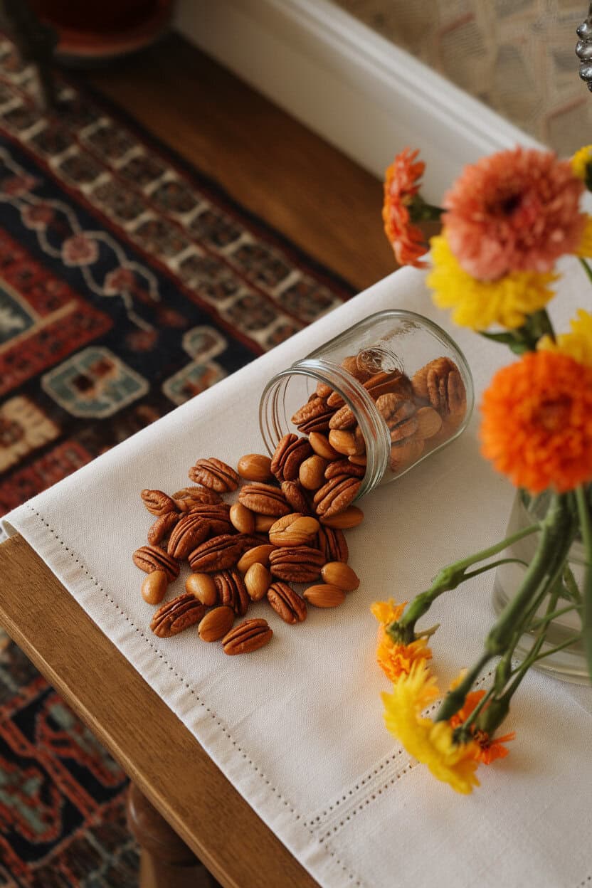 An indoor wooden table featuring a small glass jar tipped over with glossy maple-coated pecans and almonds spilling out, no text or logos, photo style