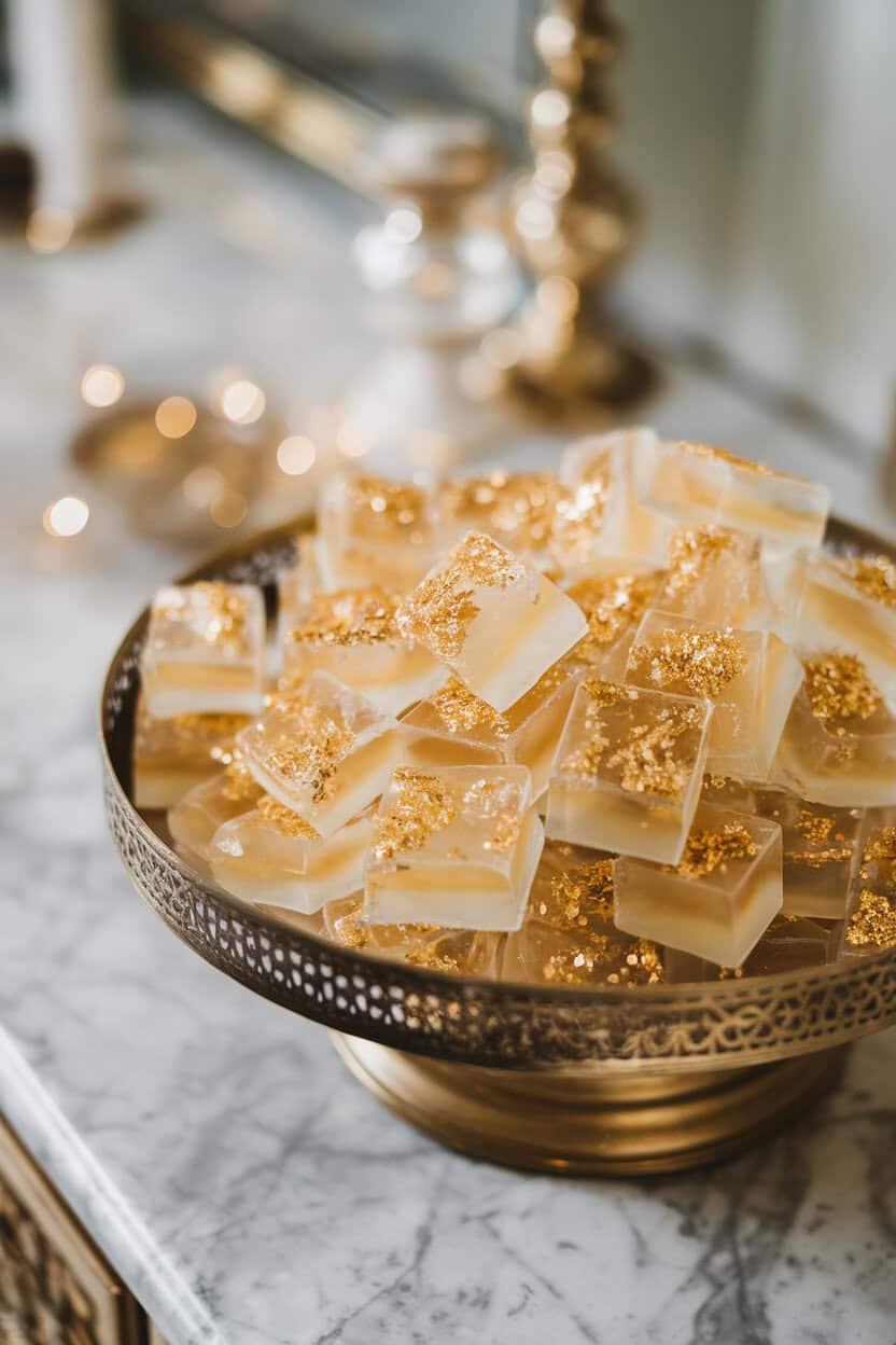Indoor tray of elegant square gelatin bites sparkling with gold flecks, set on a marble counter, no text or logos visible.