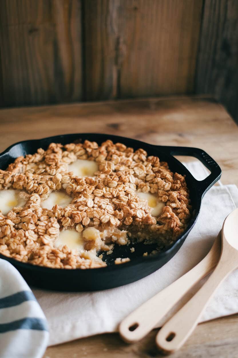 An indoor farmhouse table with a cast-iron skillet of pear crisp, oat topping golden and dotted with melting butter pools, scoop missing to reveal juicy filling. No text or logos. Photo only.