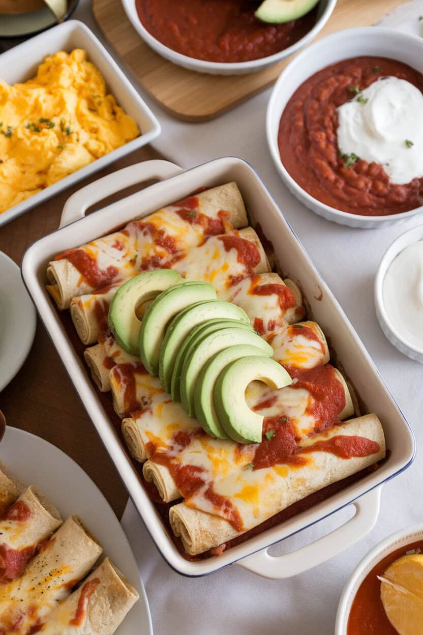 Indoor brunch spread showing a casserole of rolled tortillas smothered in red sauce, melted Pepper Jack cheese, and sliced avocado fans on top. No logos or text. Photo.