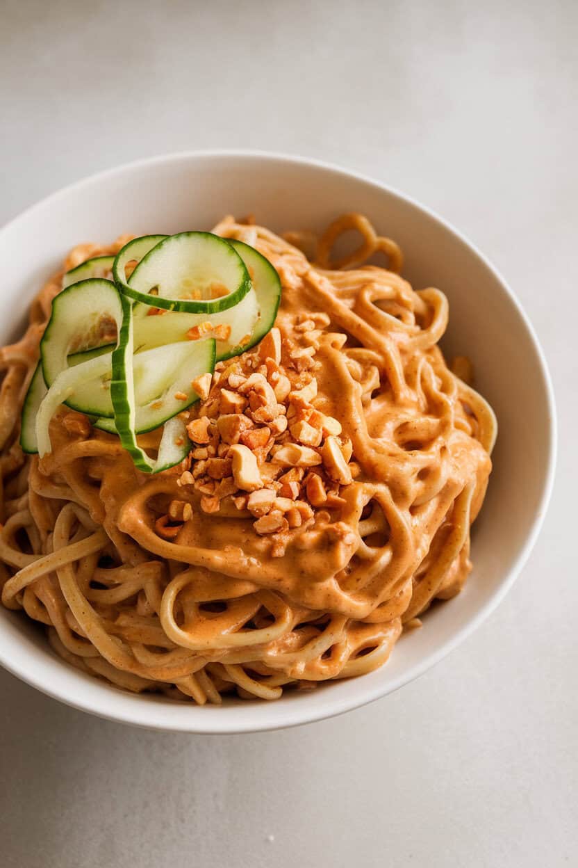 An indoor bowl of rice noodles tossed in creamy spicy peanut sauce, topped with cucumber ribbons and crushed peanuts—photo, no text or logos