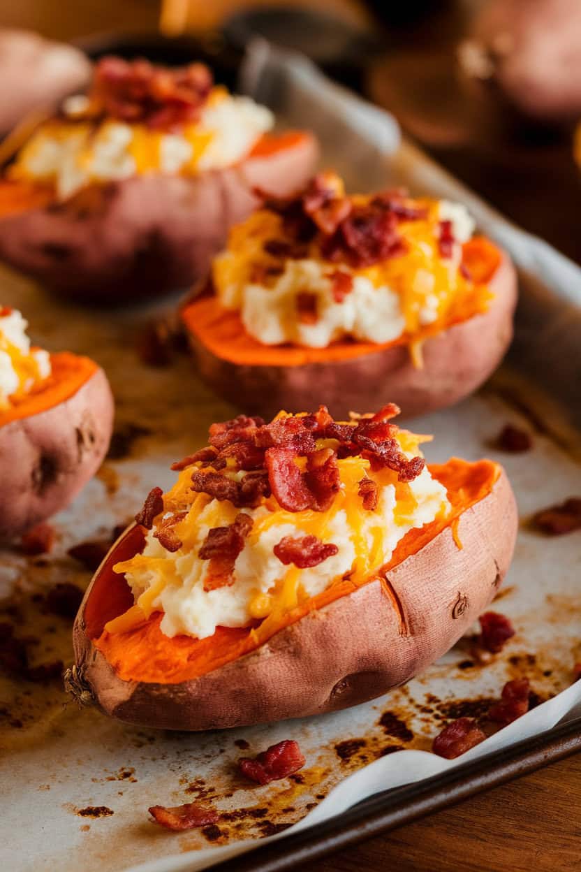Photo of halved sweet potatoes filled with creamy mashed centers, crispy bacon bits, and melted cheddar on a baking sheet indoors. No text or logos.
