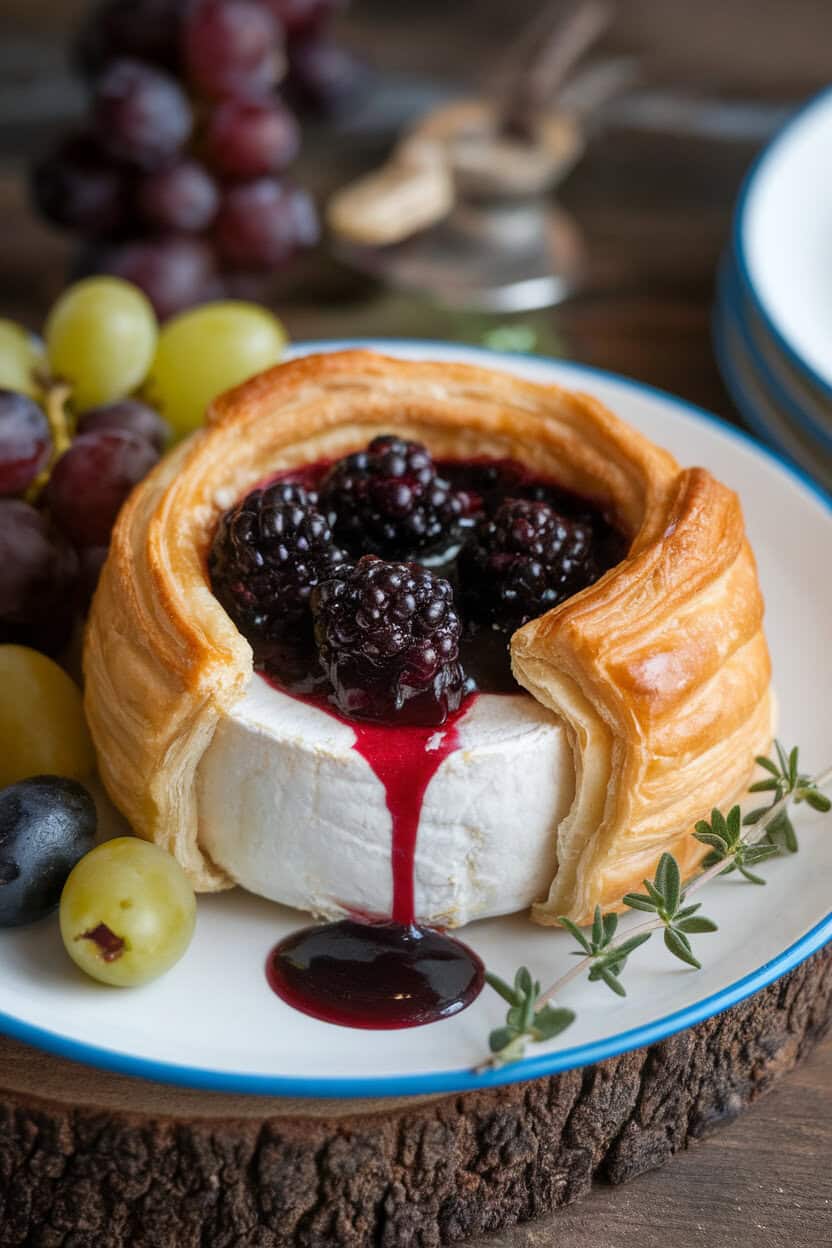 An indoor appetizer platter featuring a wheel of baked Camembert enveloped in puff pastry, blackberry compote oozing at the edges, thyme sprig garnish. No text or logos visible.