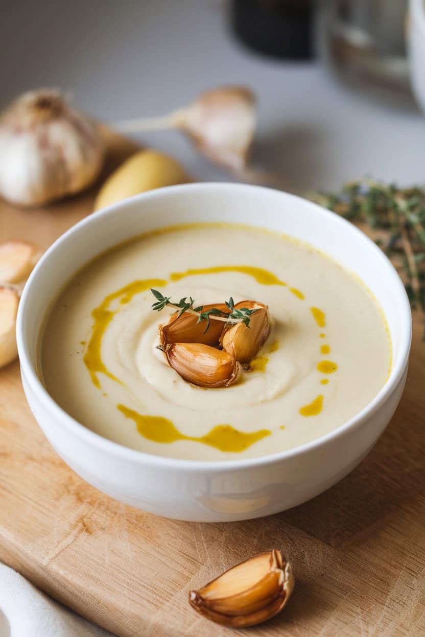 An indoor soup bowl of velvety white soup, a swirl of olive oil on top, roasted garlic cloves and a thyme sprig for garnish. No text or logos. Photo only.