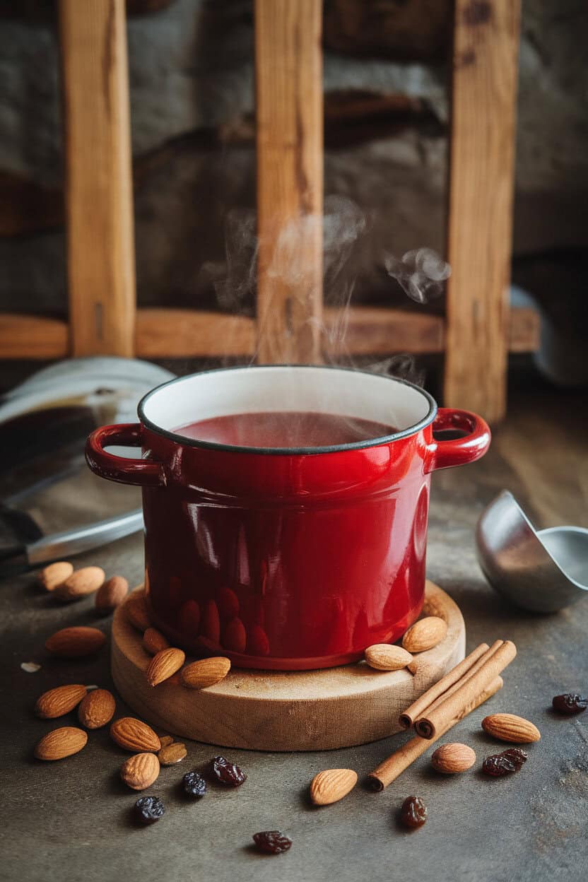 Indoor enamel pot of steaming ruby glögg surrounded by almonds, raisins, and cinnamon sticks, ladle ready. No branding.
