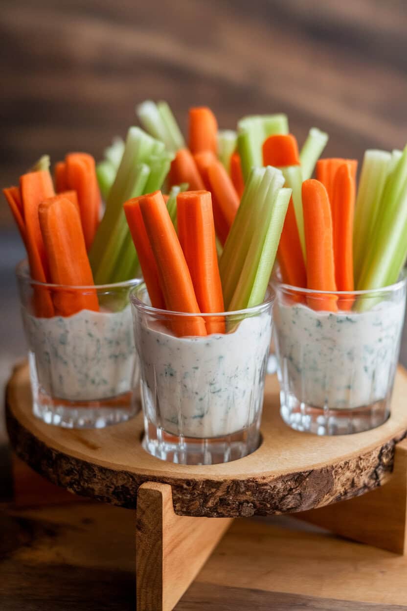Indoor tray of clear shot glasses holding carrot and celery sticks standing in creamy ranch-style yogurt dip. No text or logos.