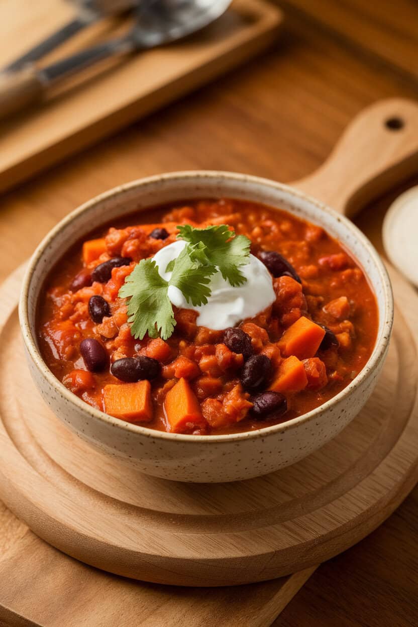 A warmly lit indoor scene with a bowl of thick chili featuring chunks of sweet potato, black beans, and tomato, topped with sour cream and cilantro. Photo only, no text or logos.