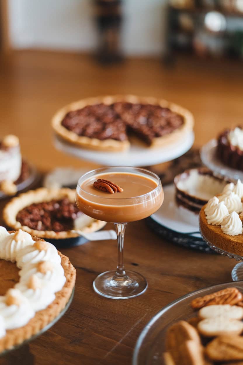 An indoor dessert table with a coupe glass of Pecan Pie Martini, caramel-colored liquid topped with a toasted pecan half, pie slice blurred behind; no text or logos; photo