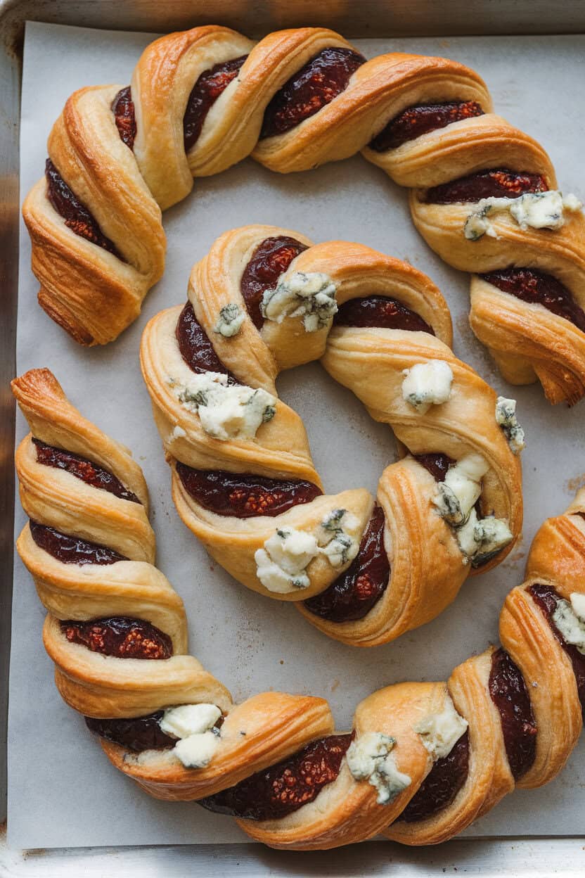 Indoor baking sheet with golden puff pastry twists marbled with fig jam and melted blue cheese—angled side view, no text or logos.