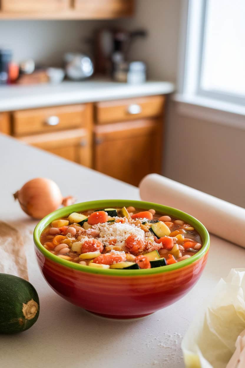 A brightly colored bowl of vegetable-packed minestrone soup on an indoor counter, grated Parmesan sprinkled on top, no logos.