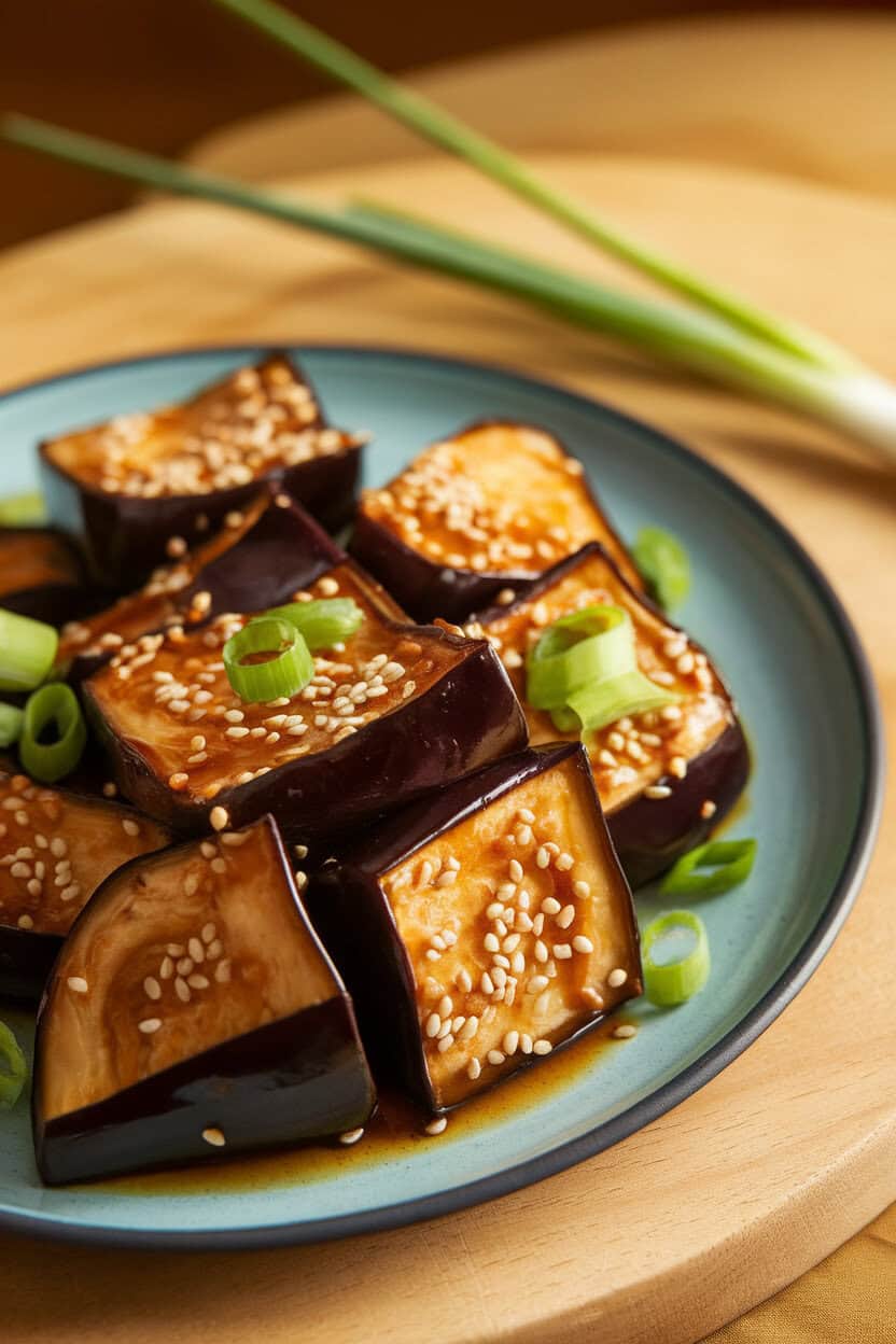 An indoor platter of cooked eggplant cubes lacquered with miso glaze, sesame seeds sprinkled over. Warm lighting; no logos or text. Photo only.
