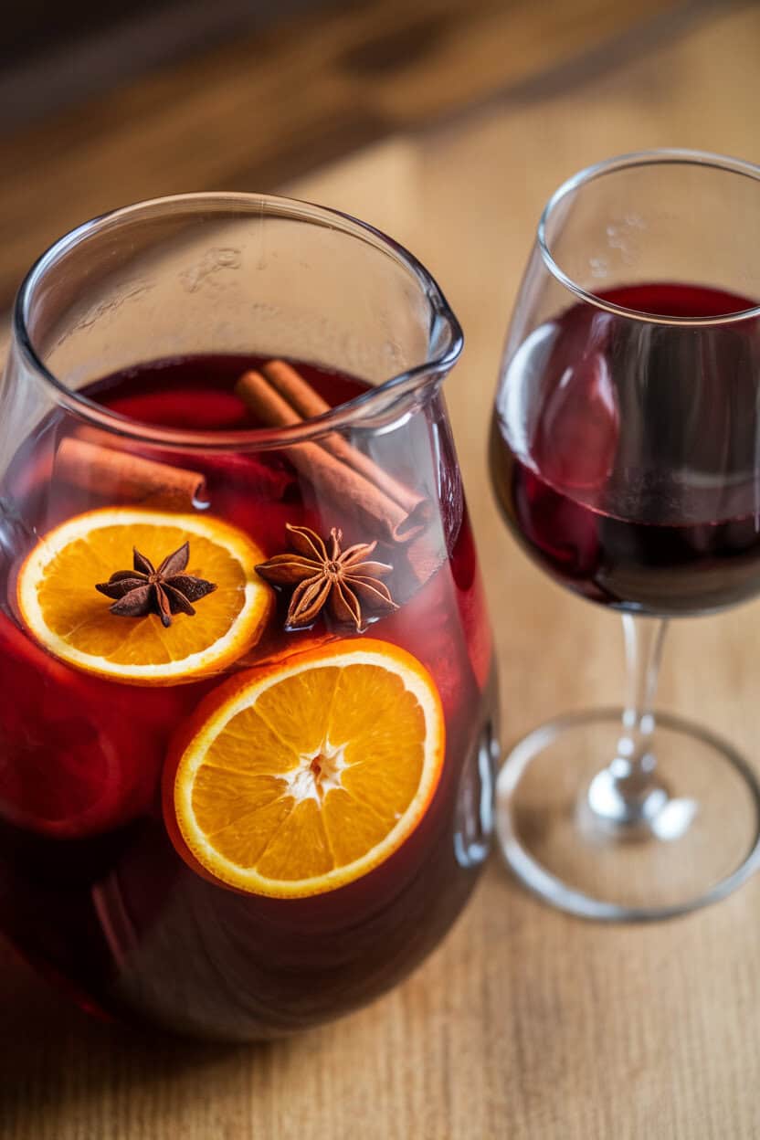 Indoor pitcher of deep red sangria with floating orange wheels, cinnamon sticks, and star anise, next to a stemless wine glass. No logos.