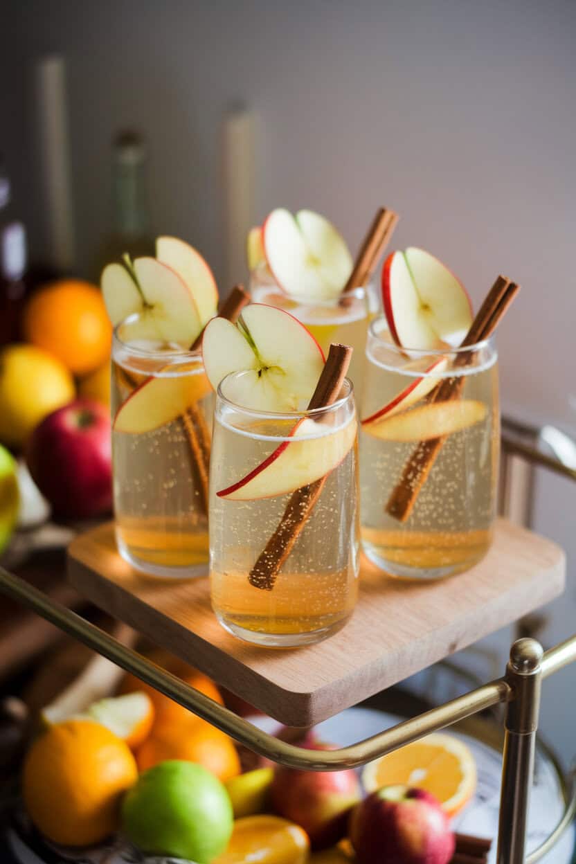 An indoor bar cart scene with tall stemless glasses of sparkling apple cider topped with thin apple slices and cinnamon sticks, effervescence visible. No text or logos on glassware. Photo, not illustration.