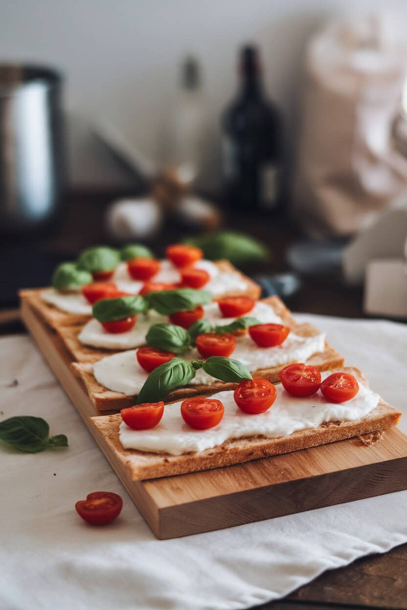 A wooden board indoors with rectangular flatbread slices topped with melted mozzarella, basil leaves, and cherry tomato halves. No text or logos.