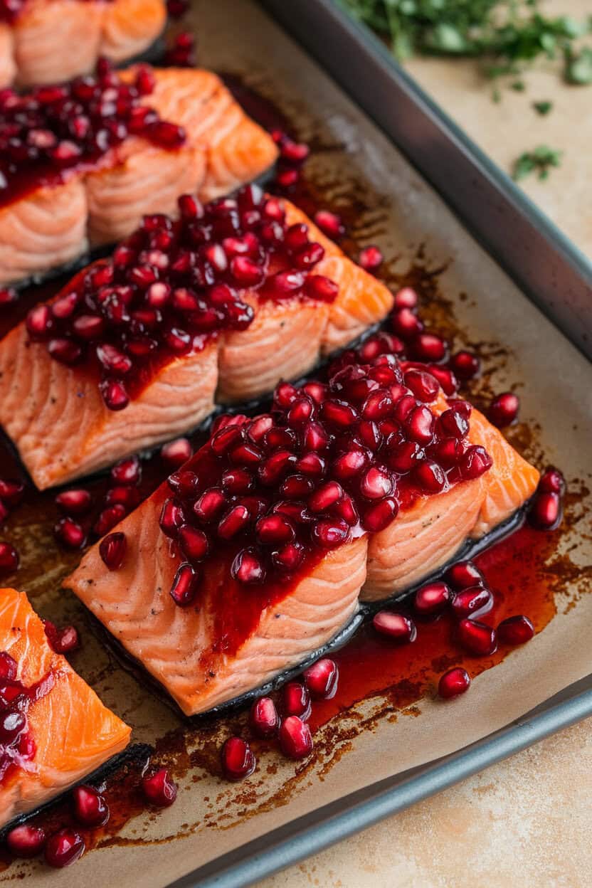 A baking sheet on an indoor counter showing cooked salmon fillets brushed with deep ruby pomegranate glaze and sprinkled with arils; no text or logos. Photo, cooked fish only.