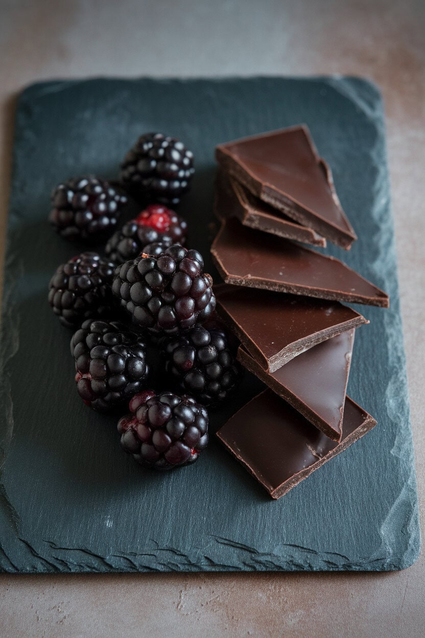 Indoor photo of glossy blackberries piled beside dark chocolate shards on a slate board. No text or logos present.