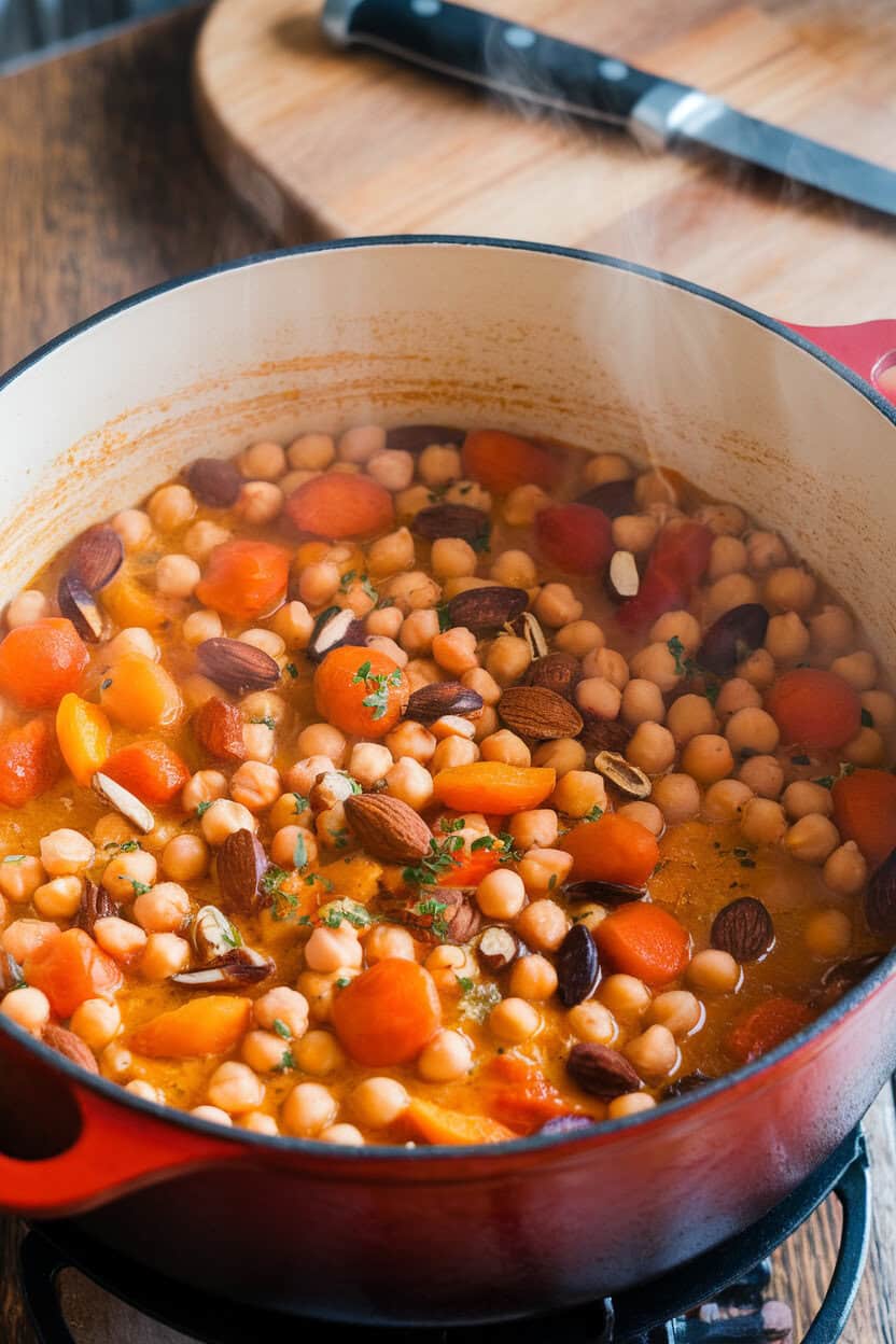 Indoor Dutch oven filled with a vibrant chickpea stew studded with apricots, carrots, and almonds, steam rising. No text or logos in view.
