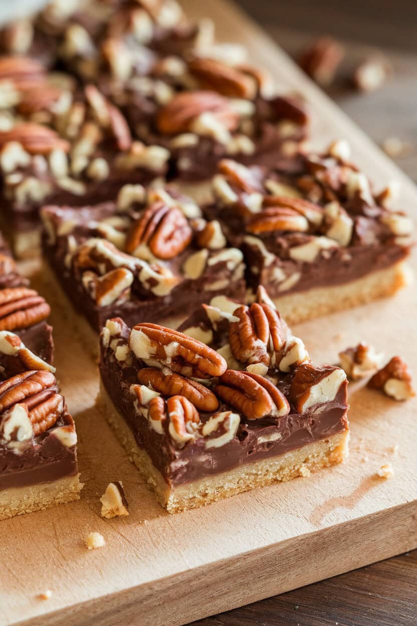 An indoor cutting board holding square bars with a shortbread crust, gooey pecan layer, and visible chocolate chunks, a few crumbs around. No logos. Photo, not illustration.