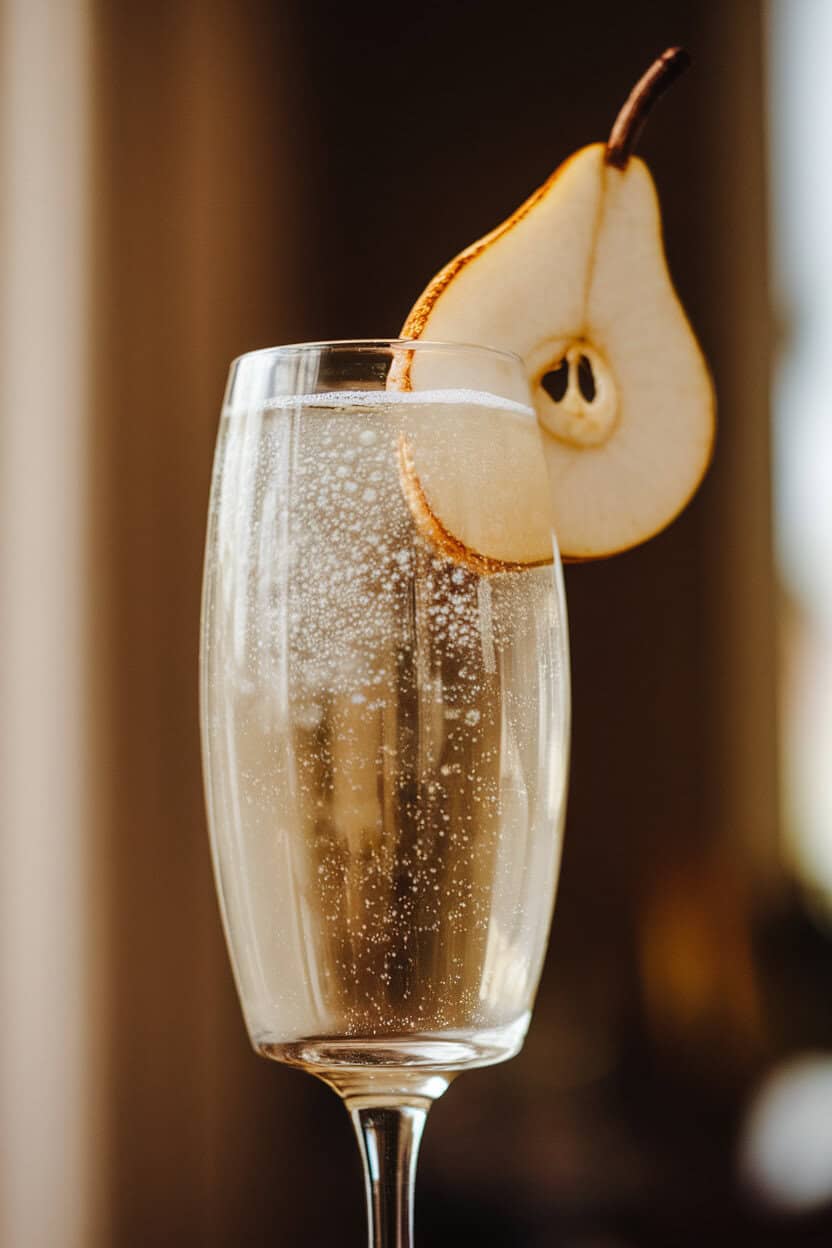 Photo of a flute indoors, pale gold bellini with cinnamon-poached pear slice on rim, micro-bubbles visible. No text or logos.