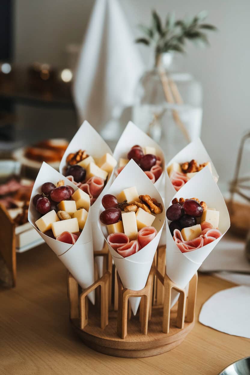 An indoor party photo of paper cones filled with cubed cheeses, grapes, nuts, and cured meat slices, standing upright in a wooden holder. No logos or text visible.
