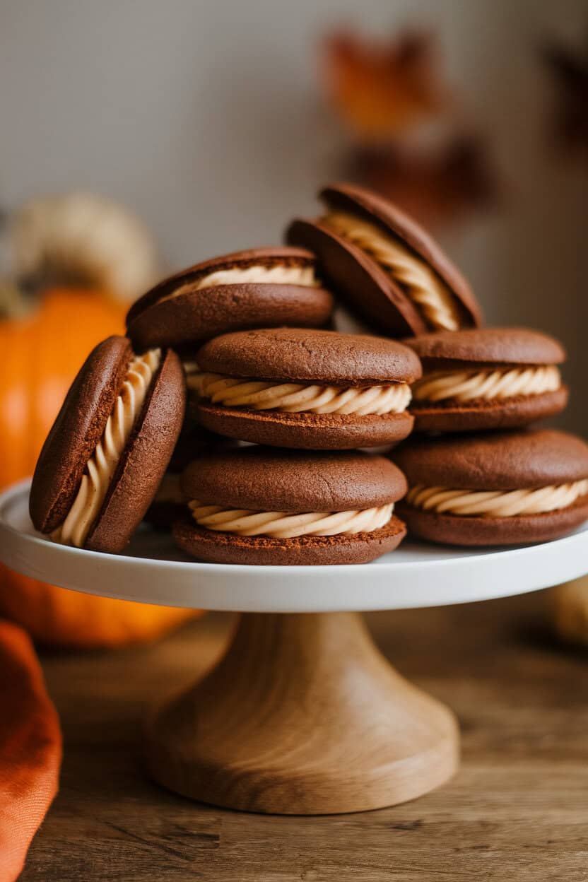 Photo prompt: Indoor cake stand stacked with chocolate pumpkin whoopie pies, creamy filling visible. No text or logos.