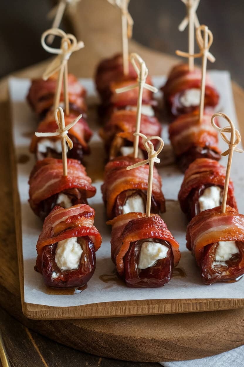 An indoor appetizer tray displaying bacon-wrapped dates glazed with maple syrup, toothpicks neatly arranged; photo, no text or logos.