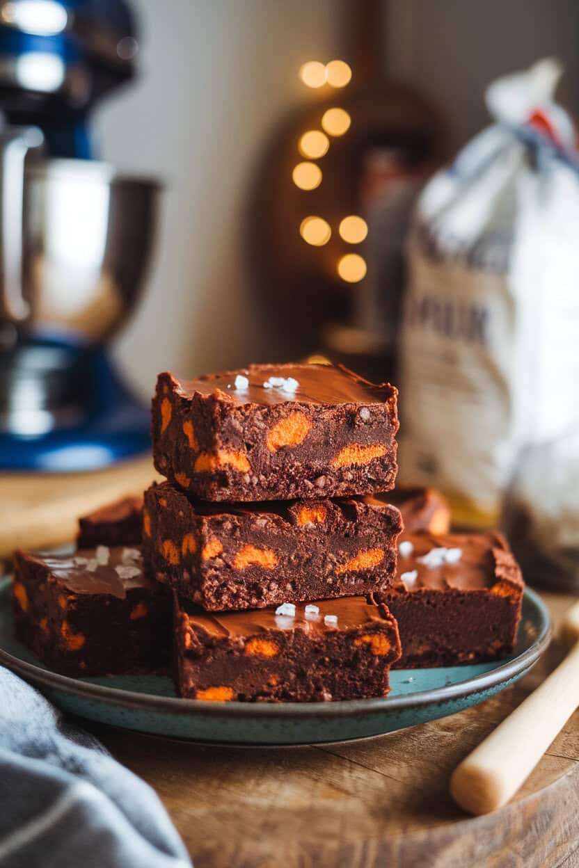 Photo of fudgy chocolate brownies with a slight orange hue from sweet potato, stacked on a plate in a cozy indoor kitchen. No text or logos.