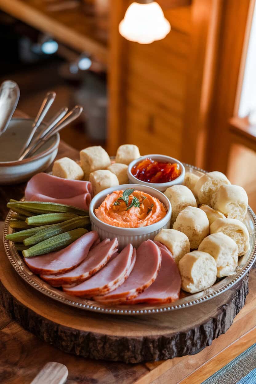 Photo indoors of a platter with pimento cheese dip, country ham slices, pickled okra, buttermilk biscuits cut small, and peach preserves, warm kitchen lighting, logo-free.